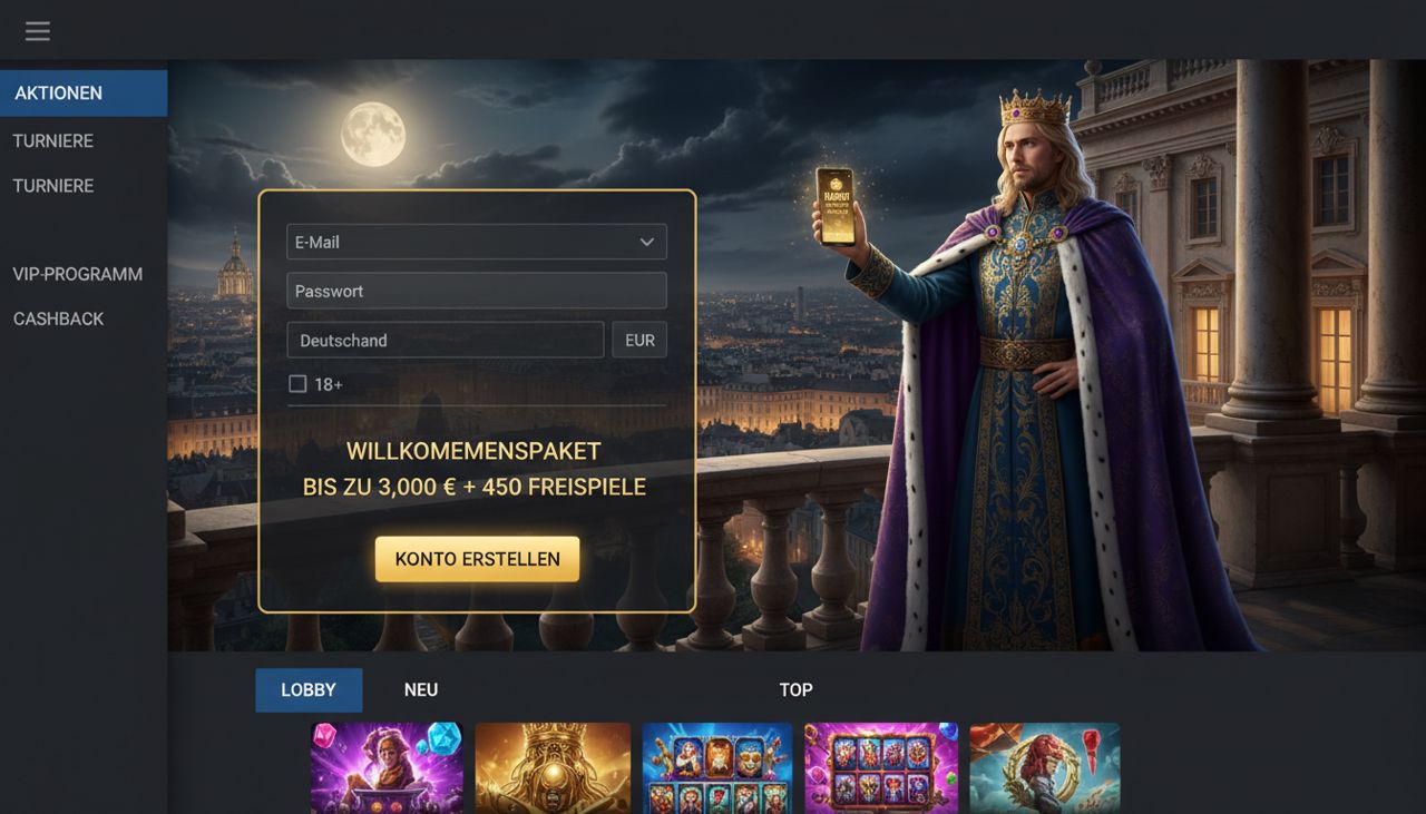 Startseite von King Billy mit Registrierungsformular und Spielelobby