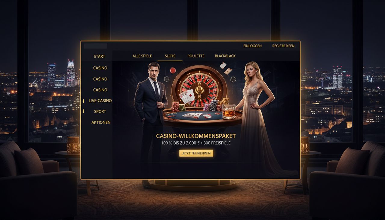 Dunkle Casino-Lobby mit Roulettetisch, Navigationsmenü und Spielkategorien